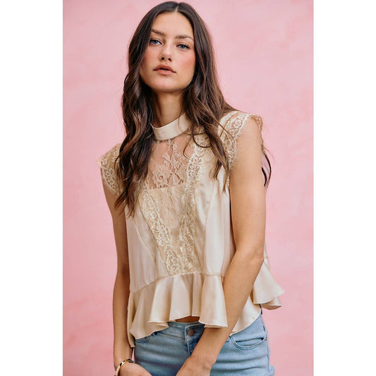 Satin Mock Neck Lace Details Peplum Top