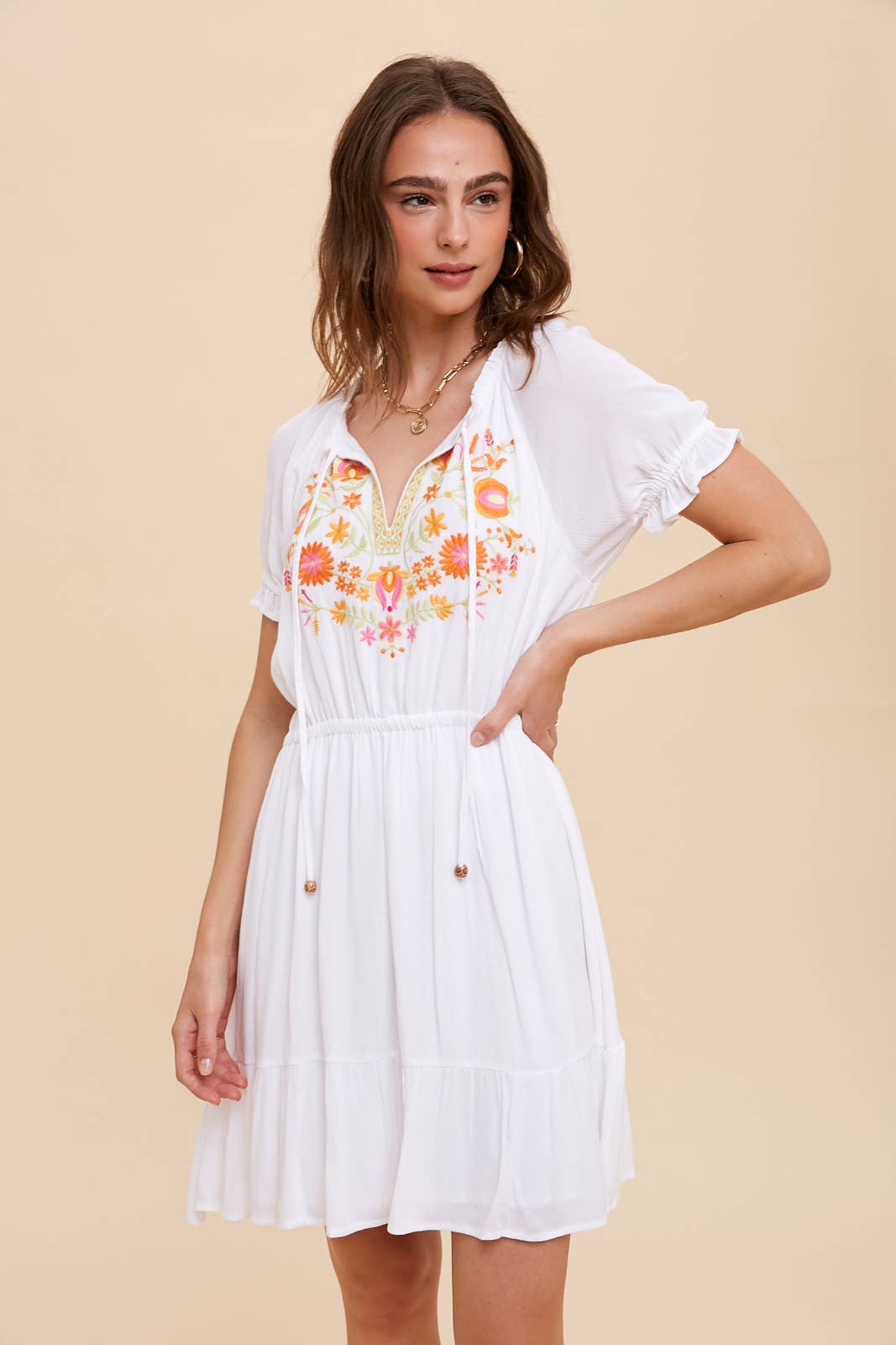 White Floral Embroidered Short Dress