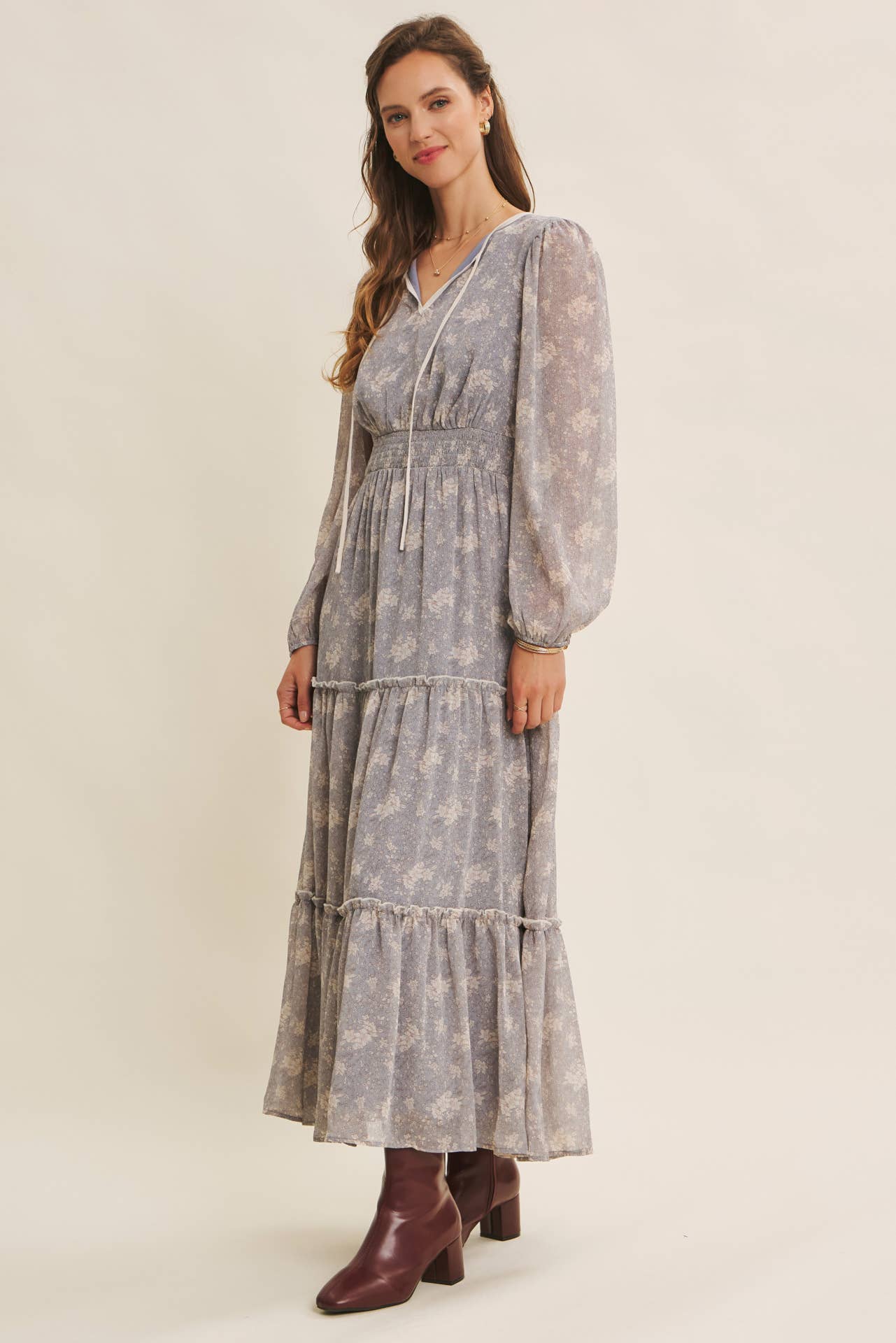 Dusty Blue & Cream with contrast Midi Dress