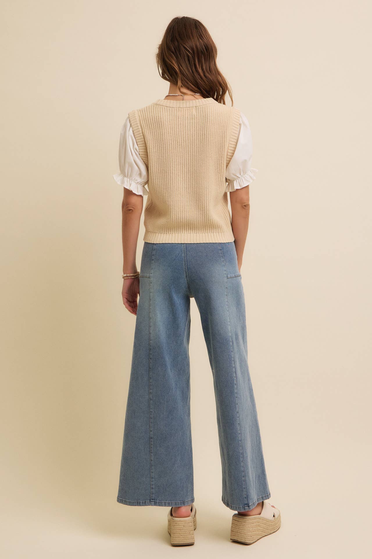 SOFT BLEND OF COZY WOVEN PUFF SLEEVE SWEATER KNIT TOP