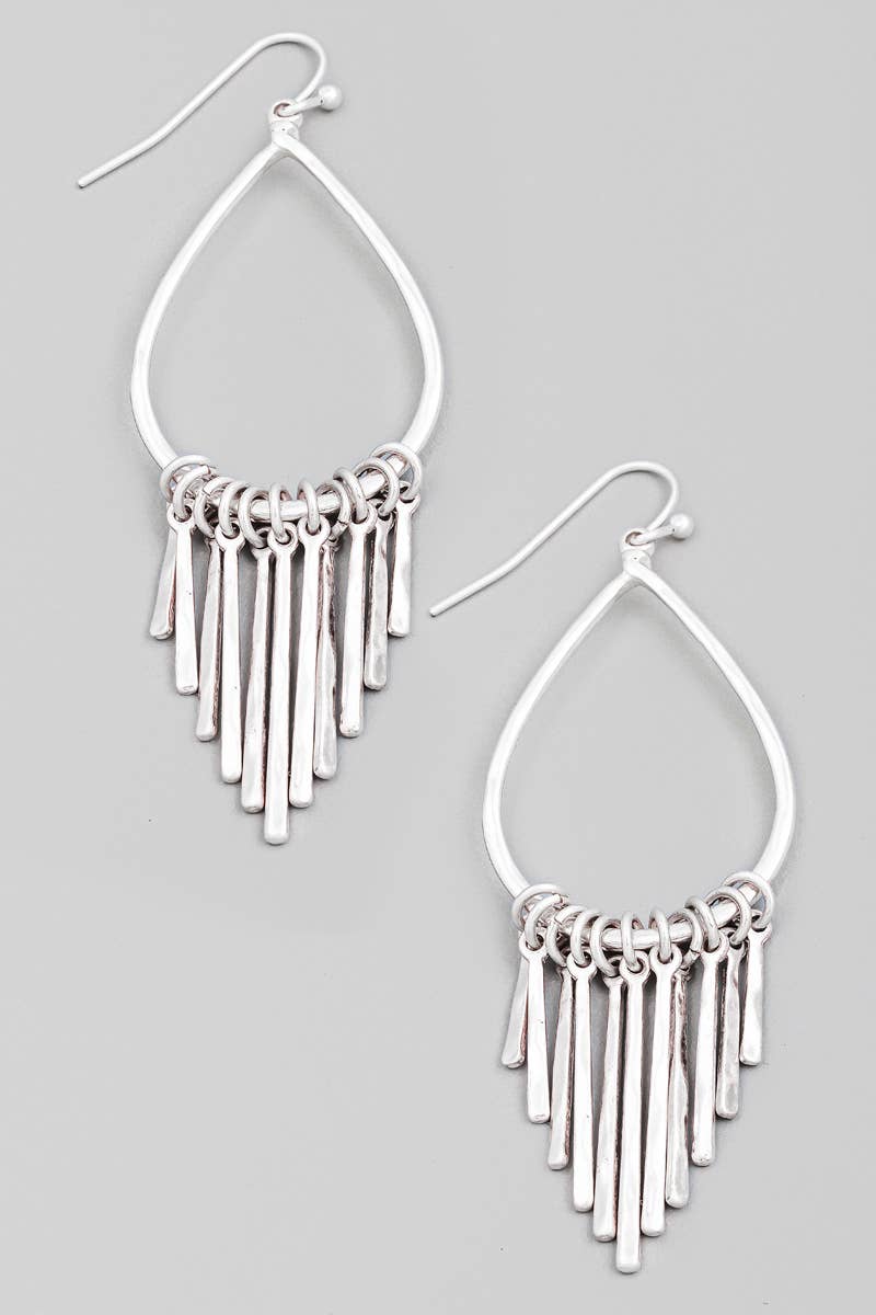 Metallic Bar Fringe Teardrop Earrings: Silver