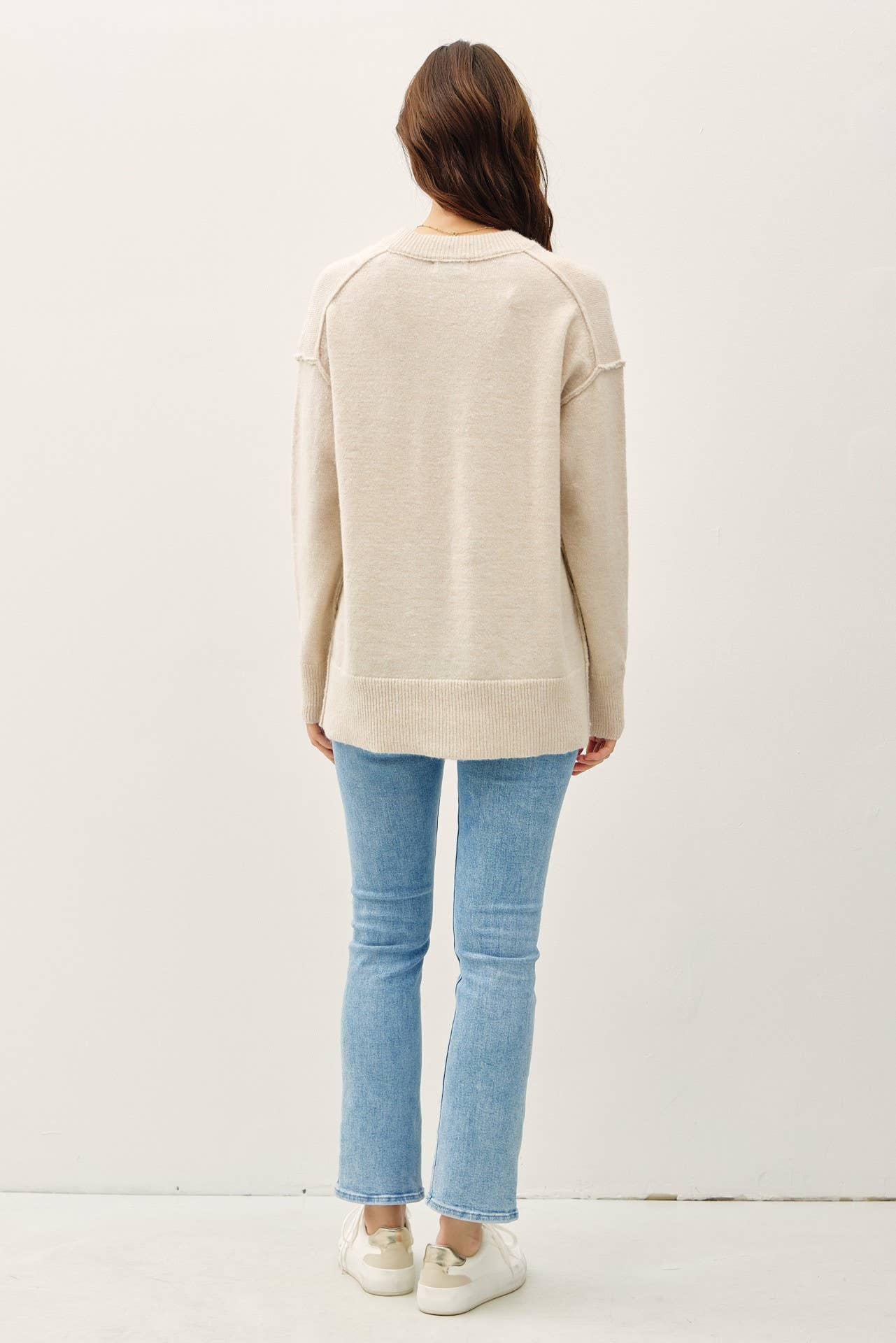 Oversized V-Neck Sweater with Raw Seam Details