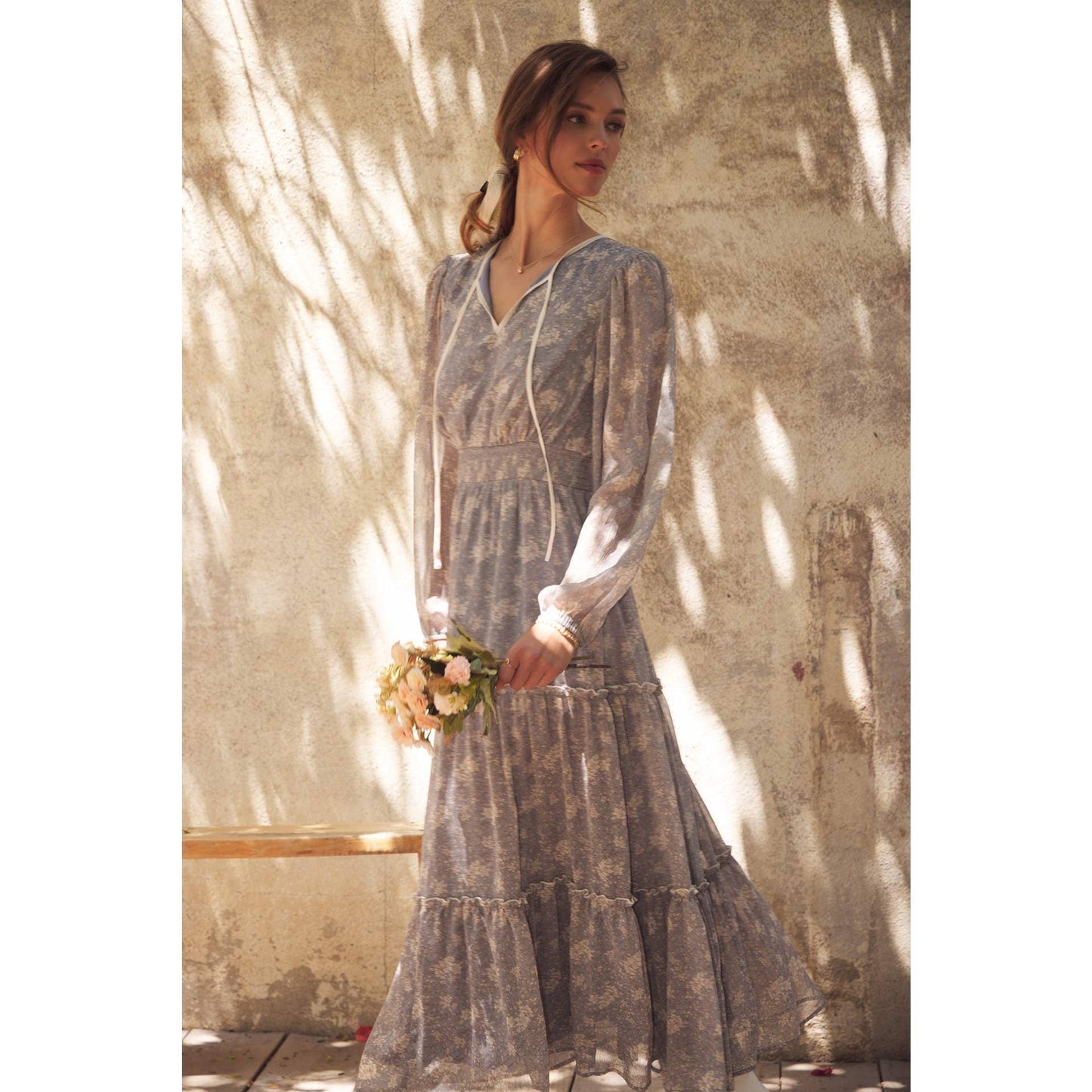 Dusty Blue & Cream with contrast Midi Dress
