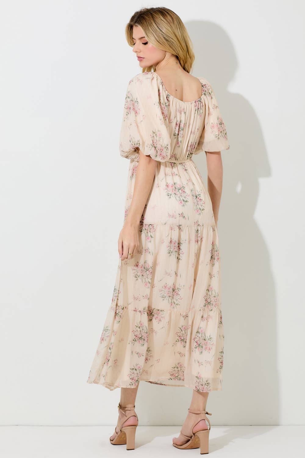 Cream & Blush Floral Lurex Print Puff Sleeve Midi Dress