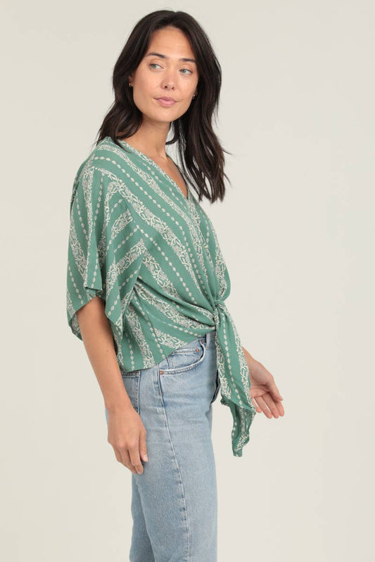 V-neck Kimono Sleeve Tie Waist Top-Green/White Floral Stripe