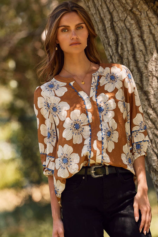 Rust and Blue Floral Printed 3/4 Sleeve Blouse