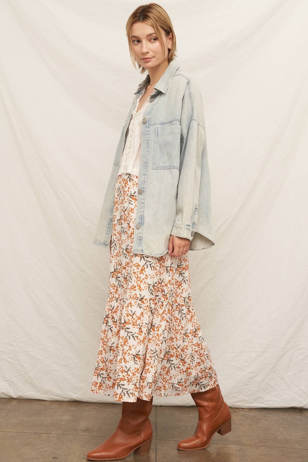 Ivory & Rust Floral Tiered Maxi Skirt