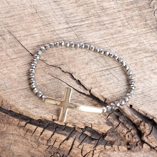 Minimal Sideways Cross Bracelet with Glass Beads Gold tone: Hematite Black Glass  Beads