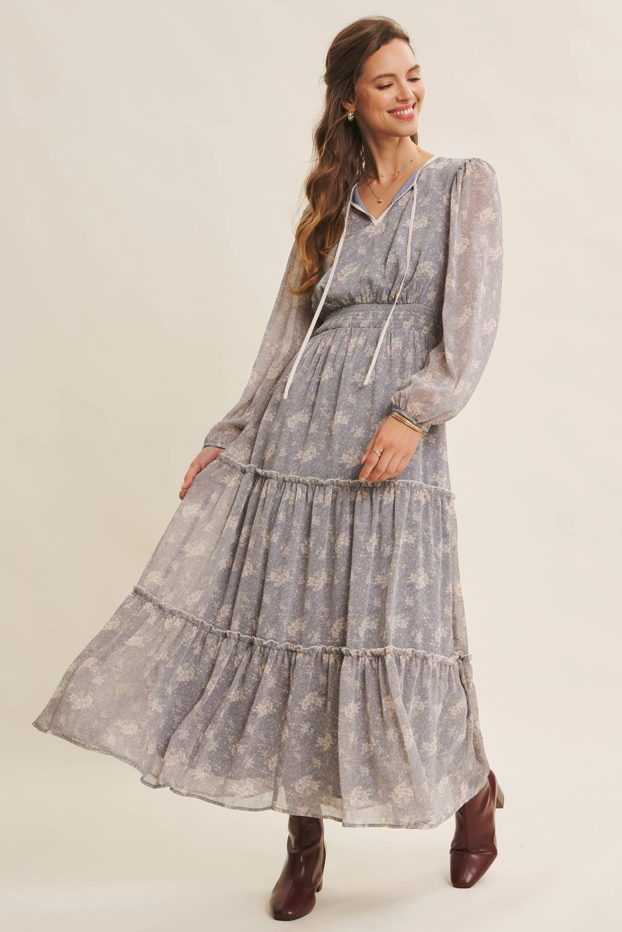 Dusty Blue & Cream with contrast Midi Dress