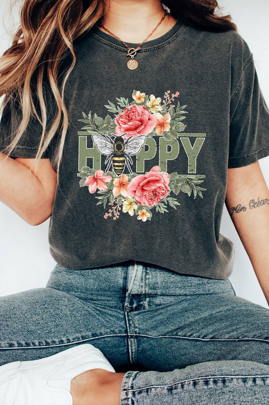Bee Happy Floral Colors Tee-Charcoal Black