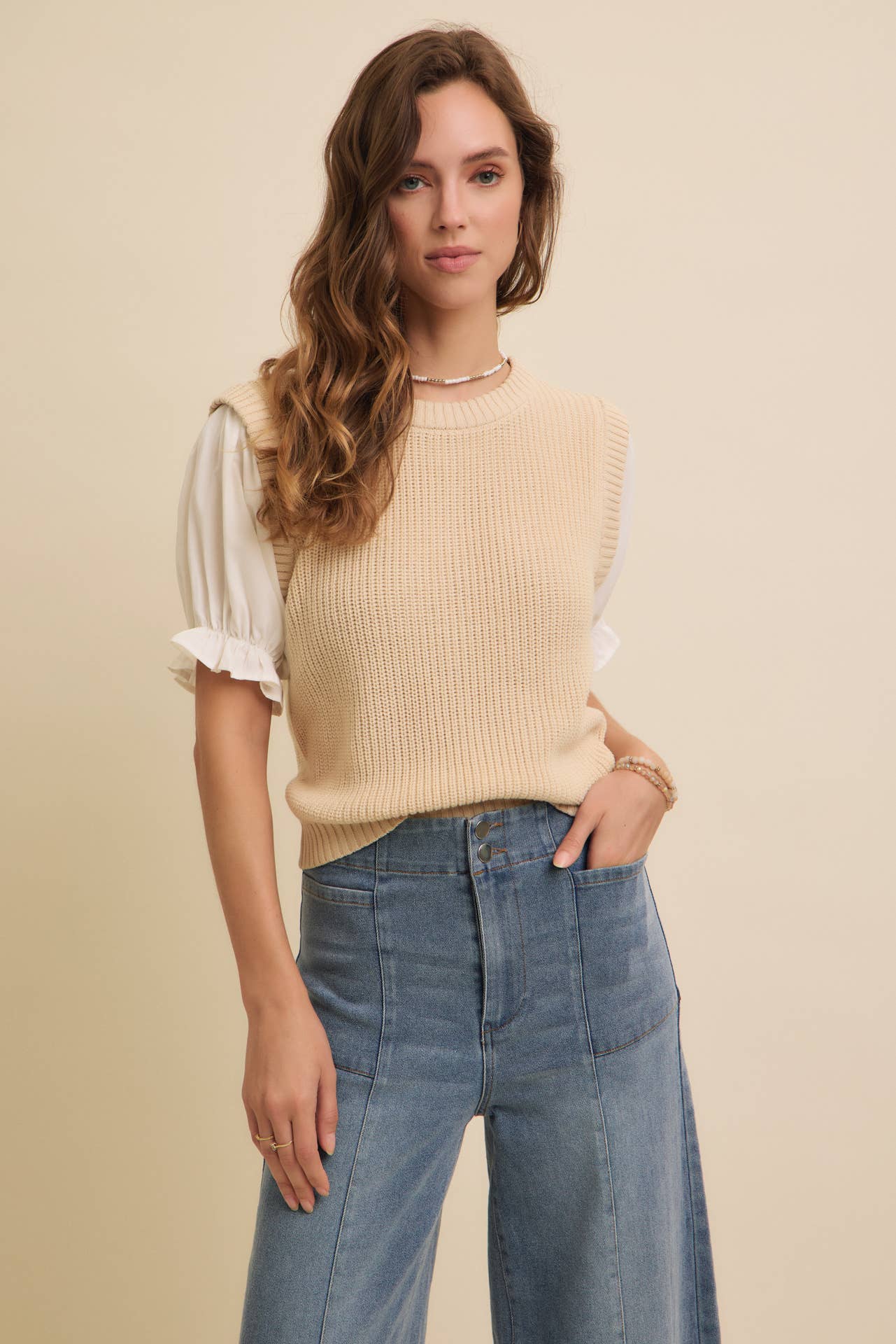 SOFT BLEND OF COZY WOVEN PUFF SLEEVE SWEATER KNIT TOP