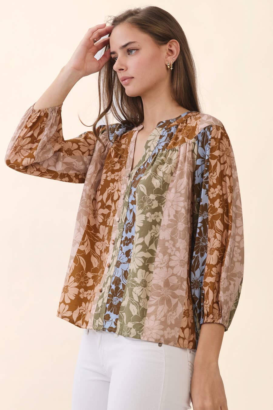 Mixed Floral Patchwork Print Blouse