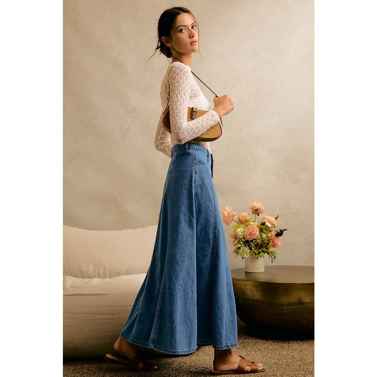 PLEATED DENIM WASHED WIDE FLOWY FIT MAXI SKIRT