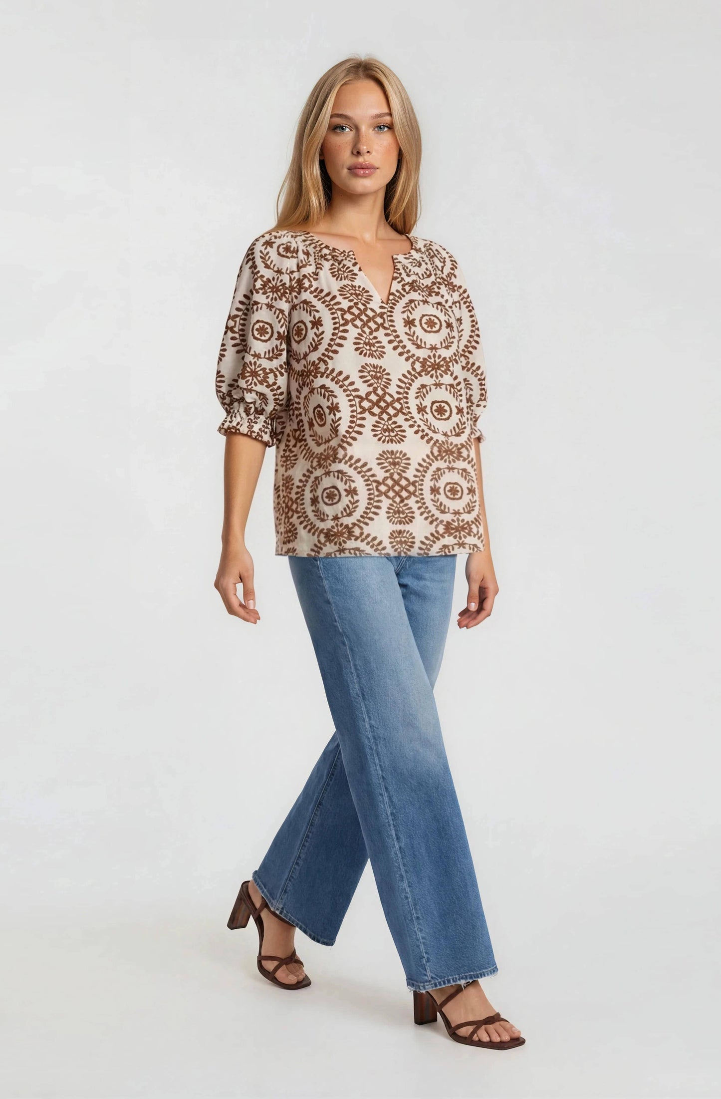 SHORT SLEEVE PRINTED BLOUSE-BROWN MULTI