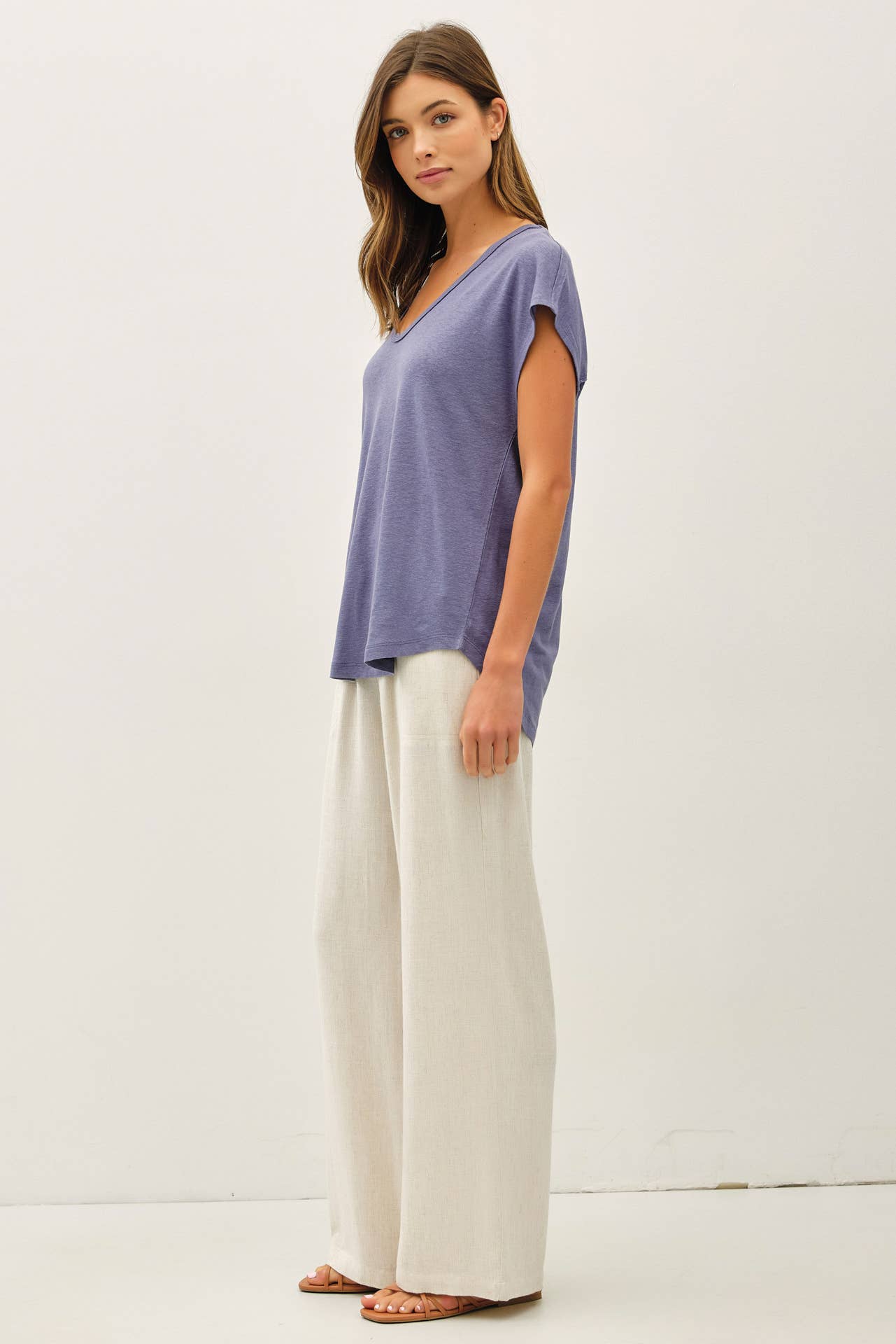 Raw Edge Detail Linen Blend T-Shirt; Ivory, Dusty Blue, Charcoal or Clay