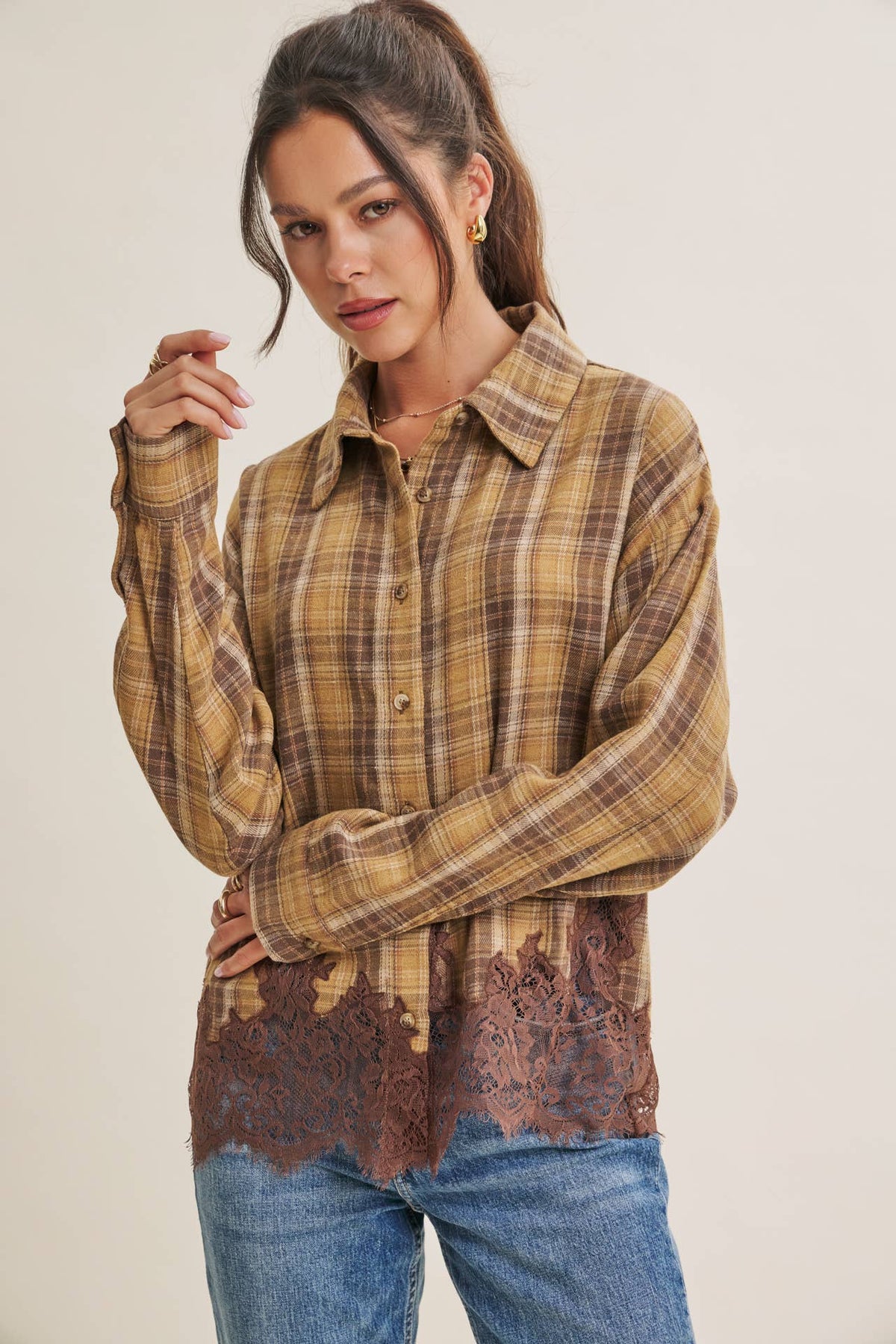 WESTERN ROMANTIC PLAID EYELASH LACE HEM BUTTON-DOWN SHIRT
