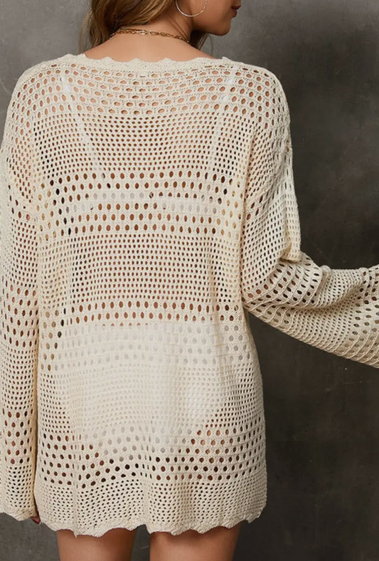 Crochet Bell Sleeve Cover Up Tunic-Beige