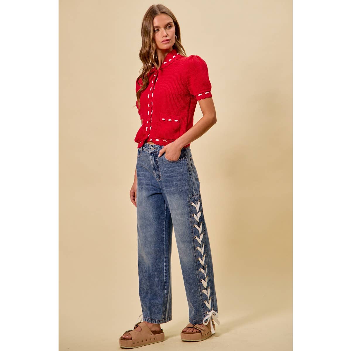 MID RISE STRAIGHT LEG DENIM SIDE LACE UP JEANS