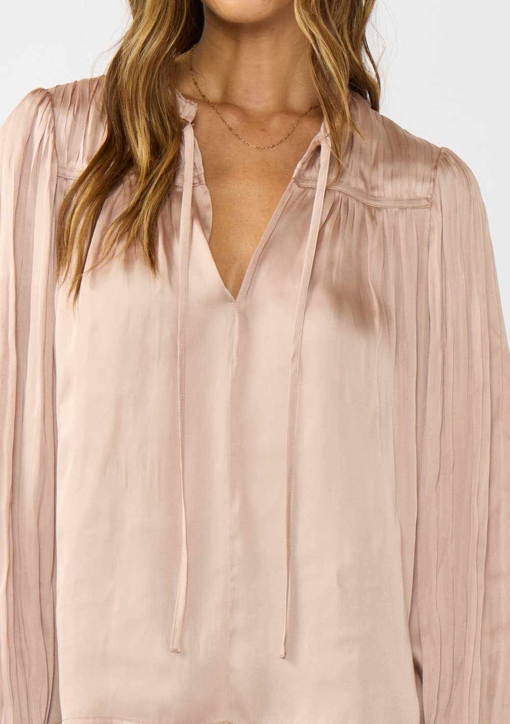 Split Neck Blush Pleated Satin Blouse