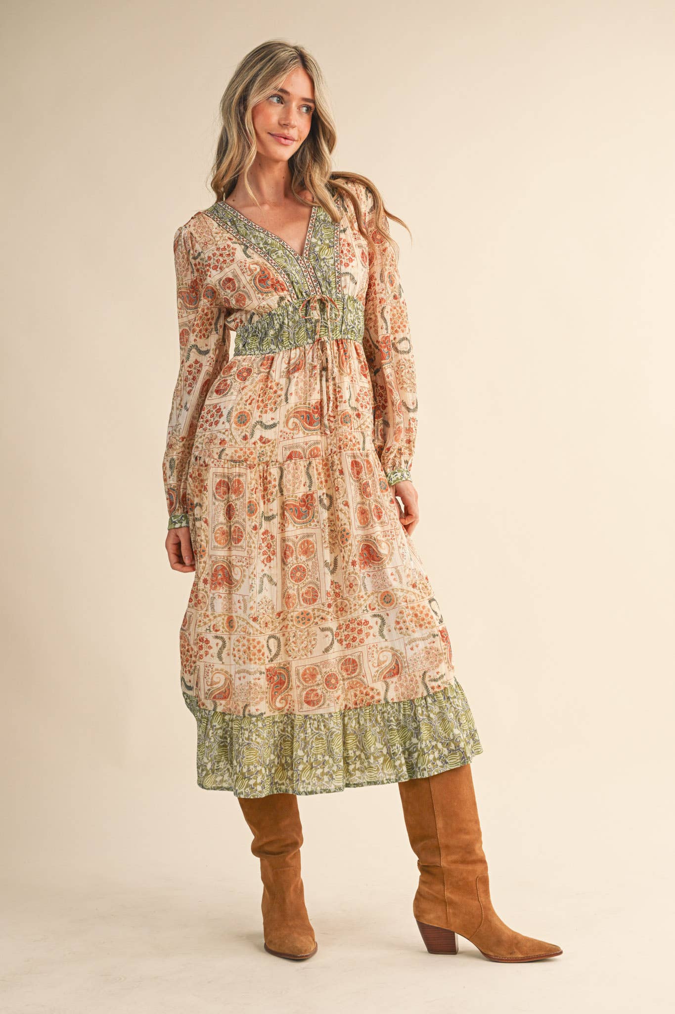 MIXED PAISLEY PRINT MIDI DRESS MDR4448