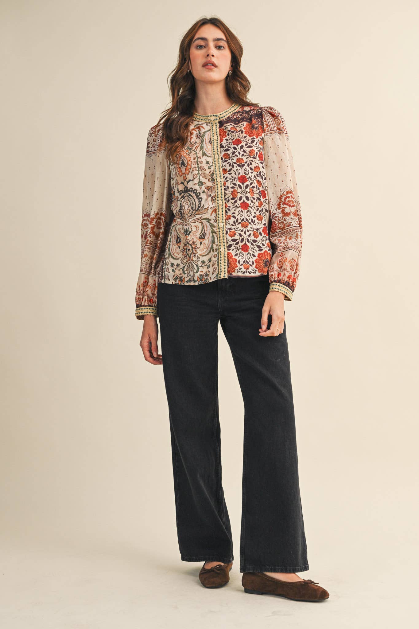 PATCHWORK PRINT CROCHET TRIM BUTTON DOWN TOP MTP4382