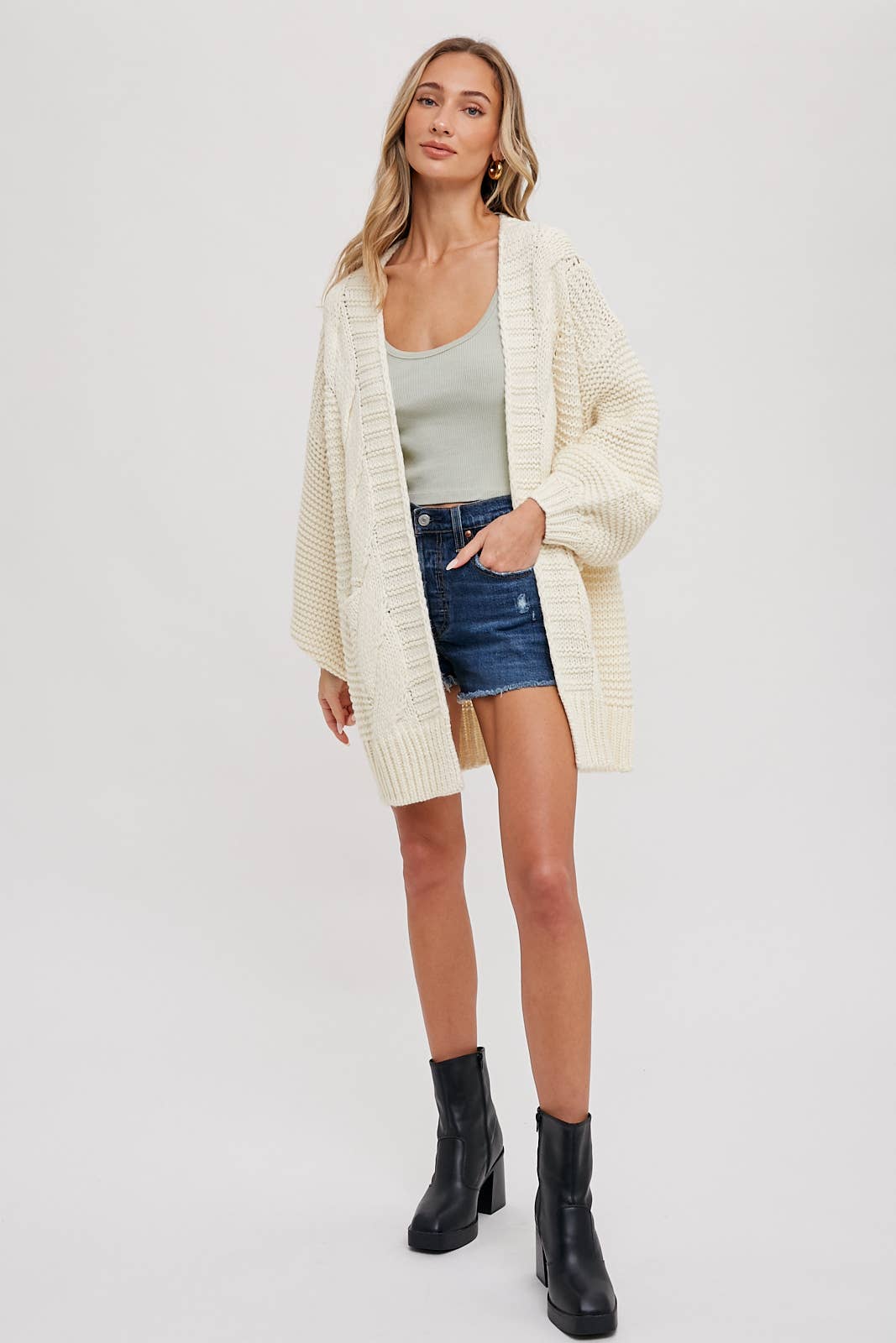 Ivory Chunky Cable Lantern Sleeve Cardigan