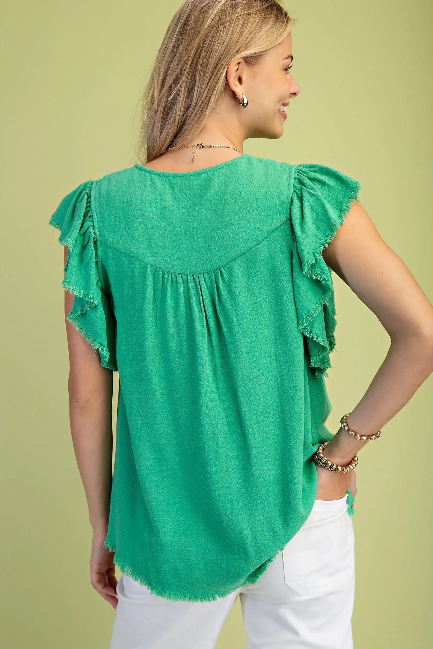 Linen Frayed Flutter Sleeve Top