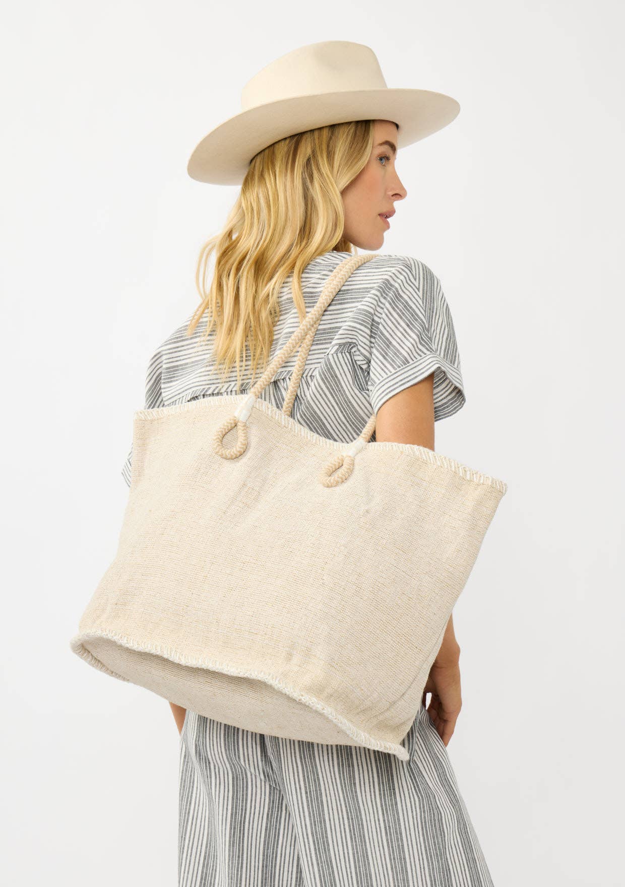 Large Woven Cotton Zip-Up Tote Bag