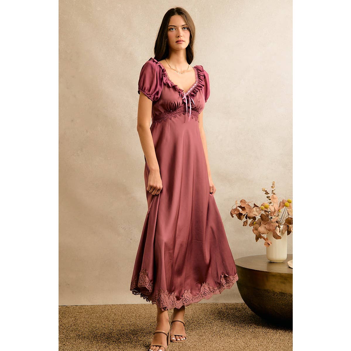 V NECK RUFFLE SLIP SATIN MAXI DRESS