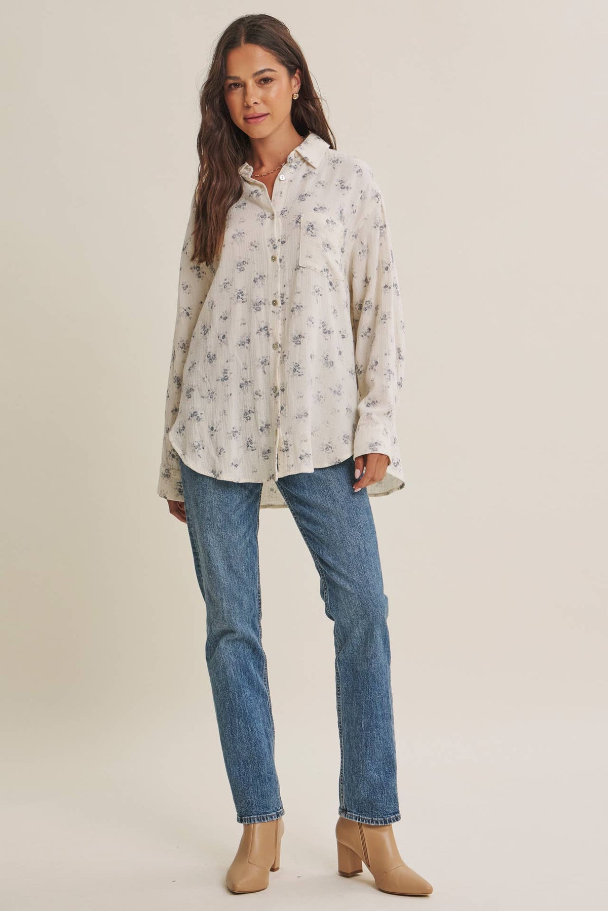 SOFT BREEZE FLORAL COTTON GAUZE RELAXED FIT SHIRT