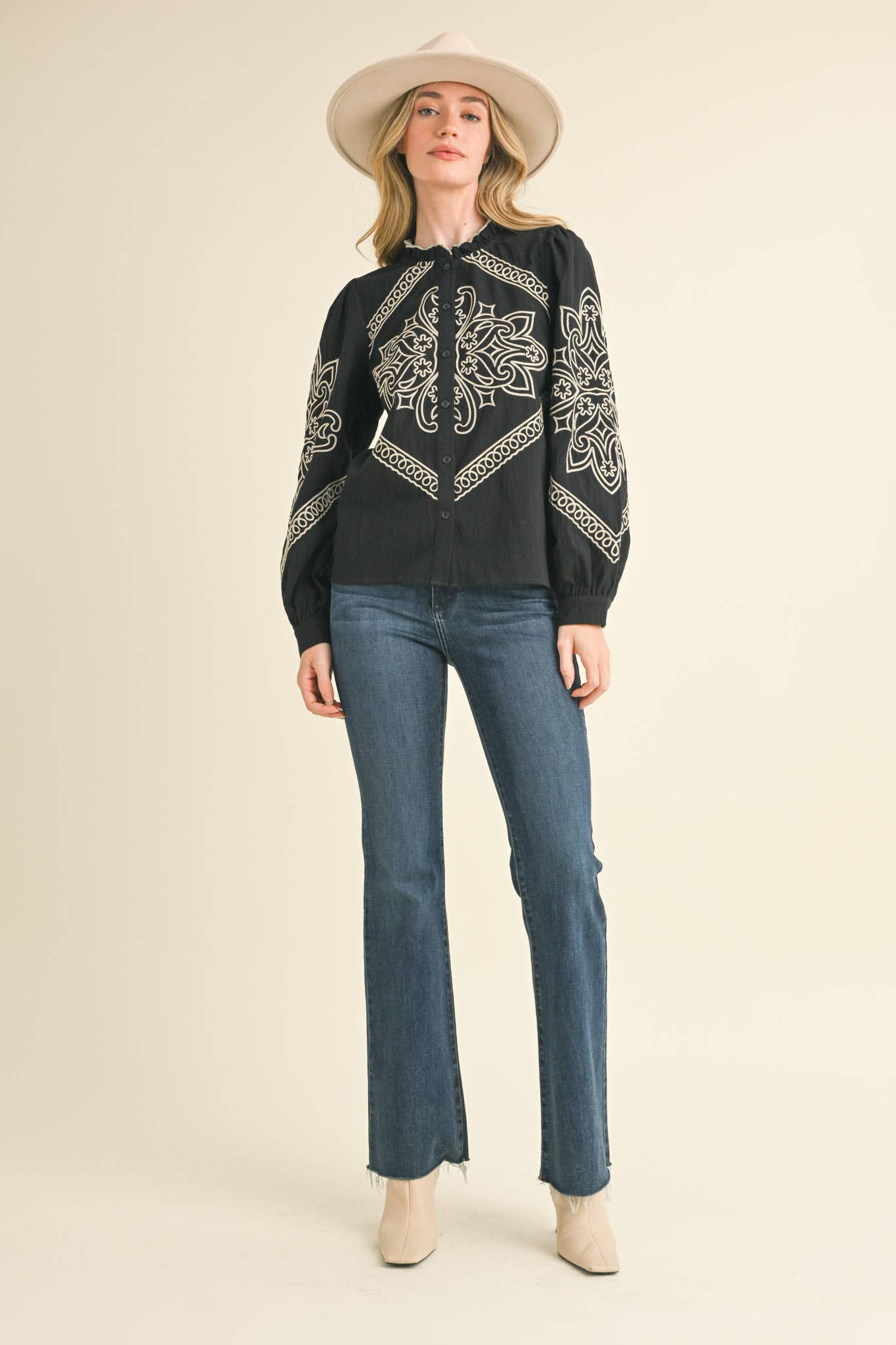 EMBROIDERED MOCK NECK BUTTON UP TOP MTP3336
