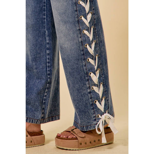 MID RISE STRAIGHT LEG DENIM SIDE LACE UP JEANS
