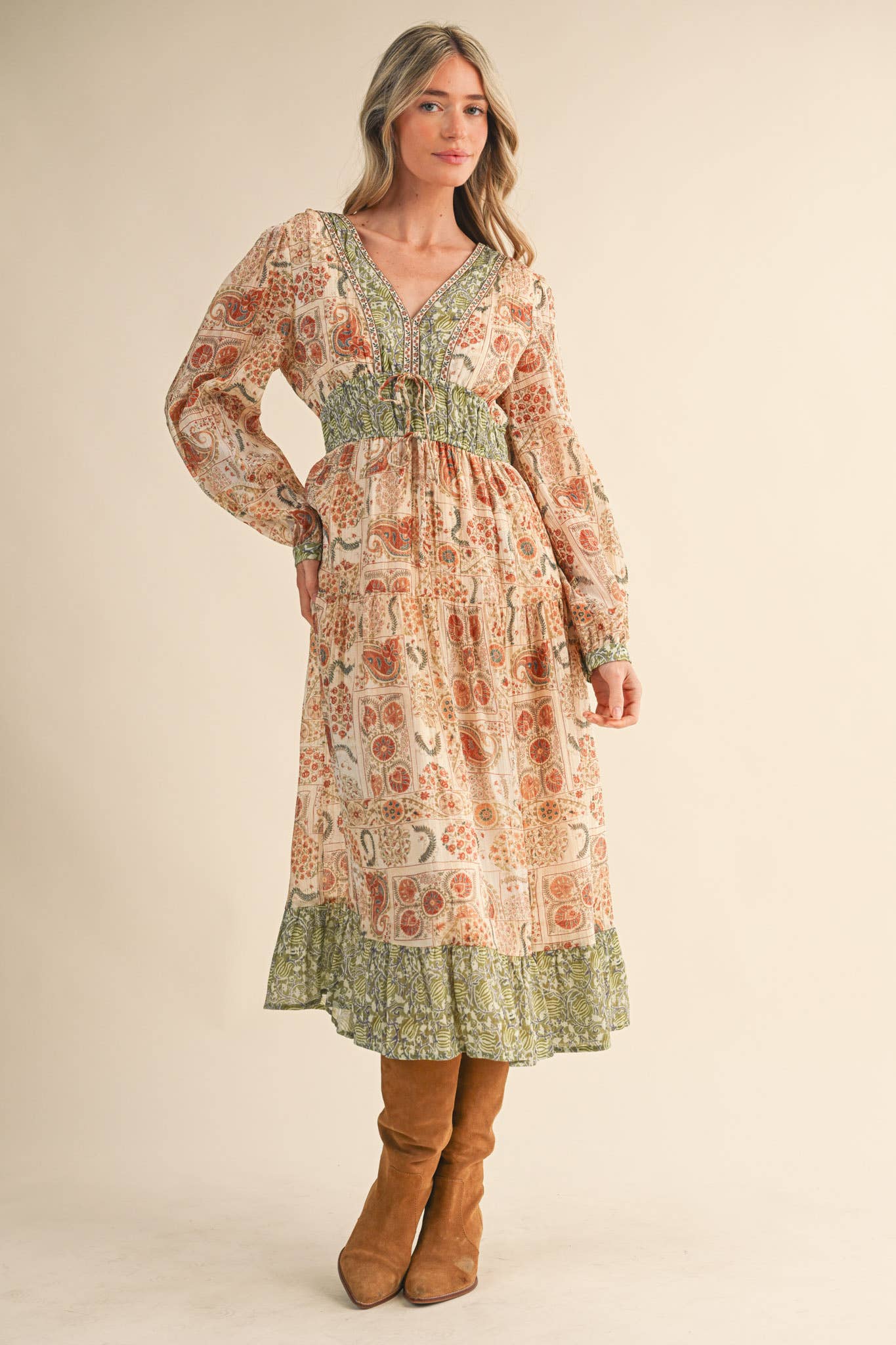 MIXED PAISLEY PRINT MIDI DRESS MDR4448