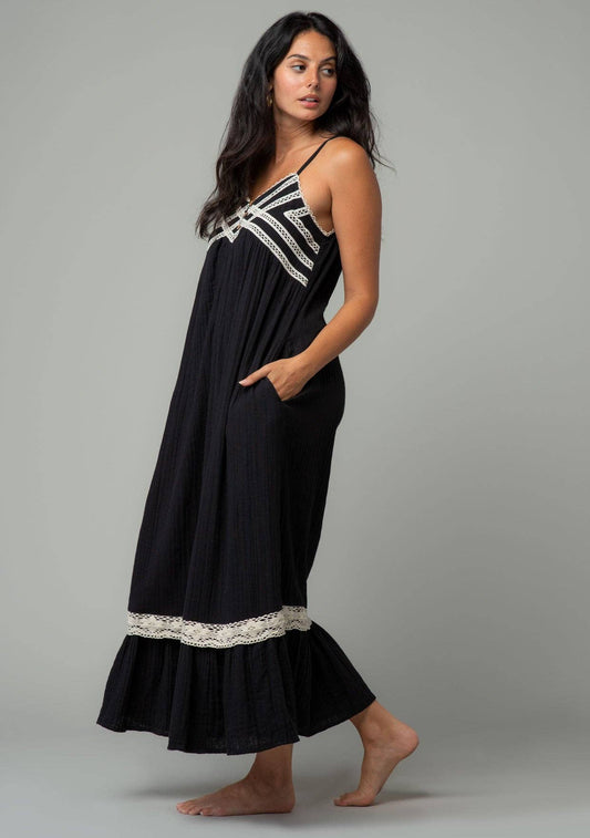 Cotton Sleeveless Crochet Trim Maxi Dress-Black and Cream