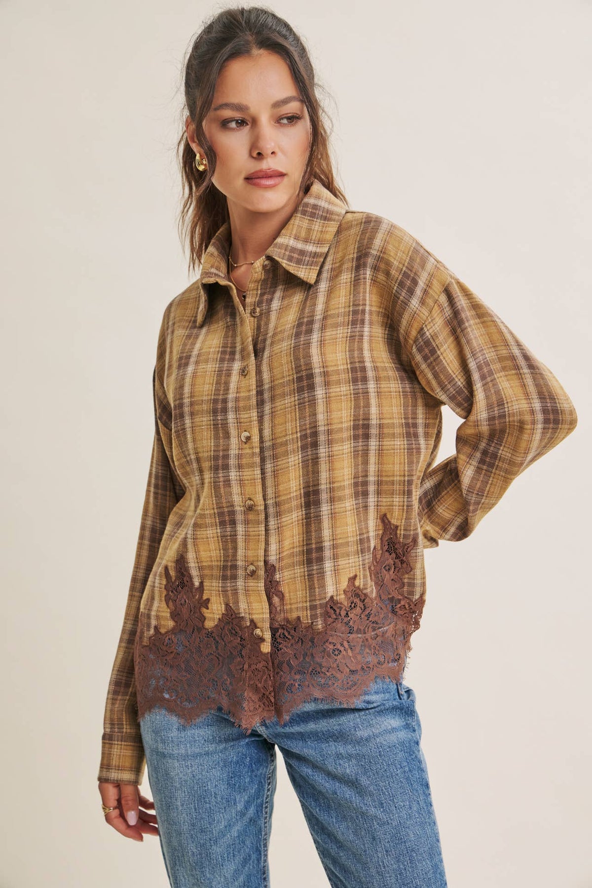 WESTERN ROMANTIC PLAID EYELASH LACE HEM BUTTON-DOWN SHIRT