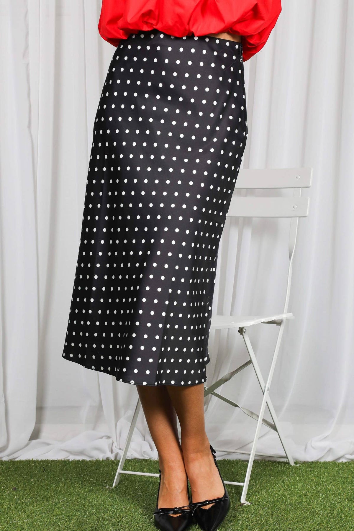 Polka Dot Print Bias Cut Satin Midi Skirt