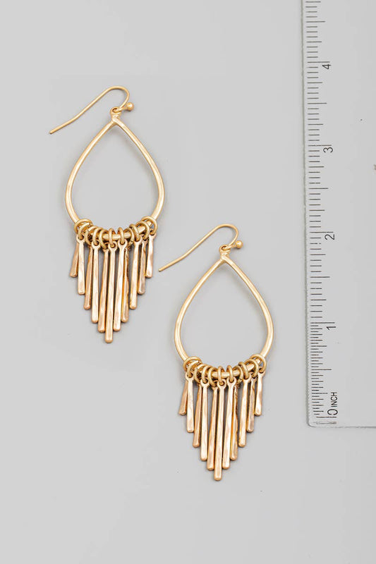 Metallic Bar Fringe Teardrop Earrings: Gold