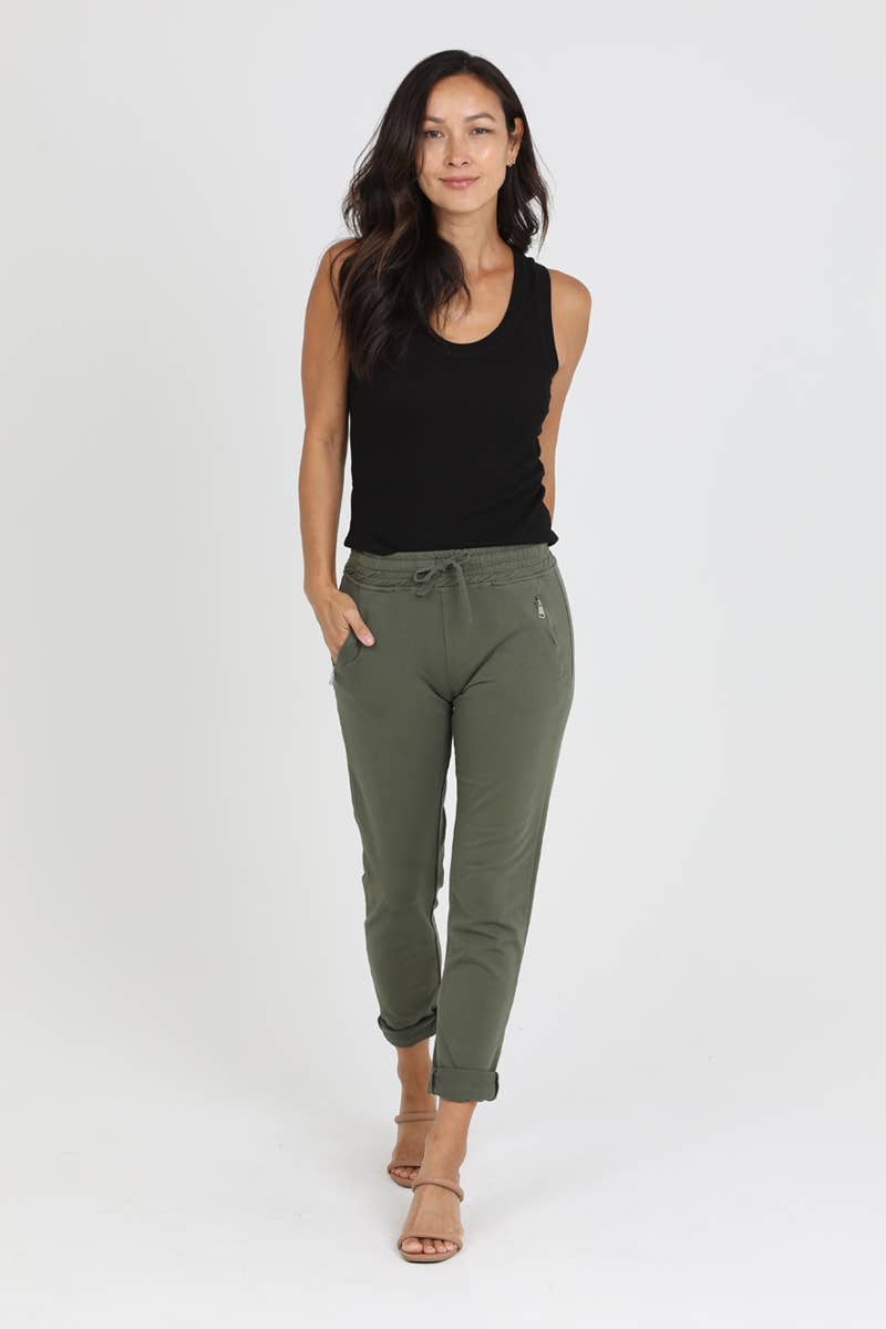 Pull on Tie Front French Terry Joggers-Dark Olive