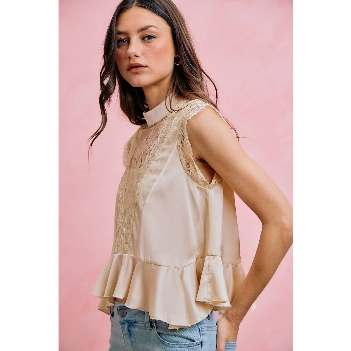 SATIN MOCK NECK LACE TRIM PEPLUM BLOUSE TOP: CREAM / S