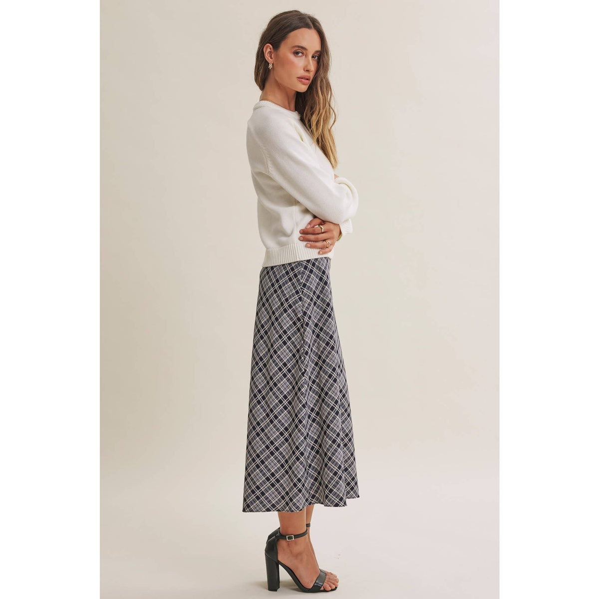 EASY MOVEMENT CLASSIC PLAID BIAS CUT MIDI SKIRT