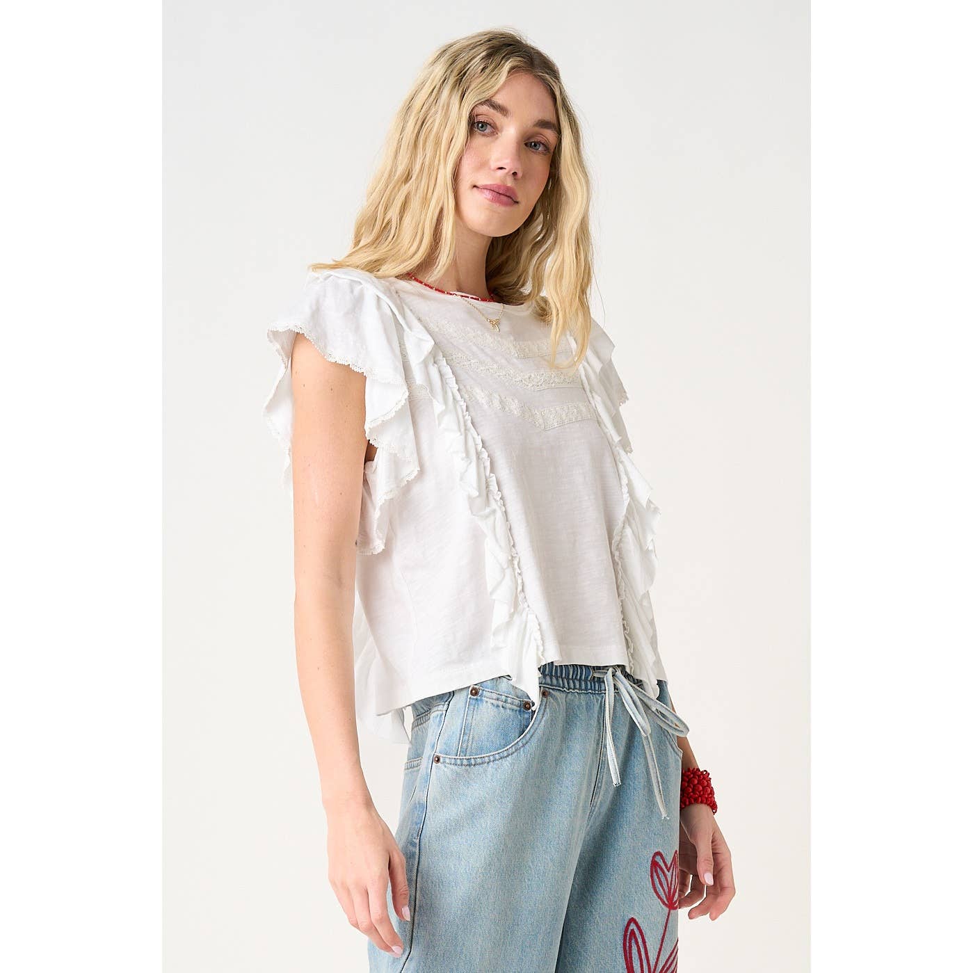 LACE AND RUFFLE ROUND NECK SHORT SLEEVE TOP
