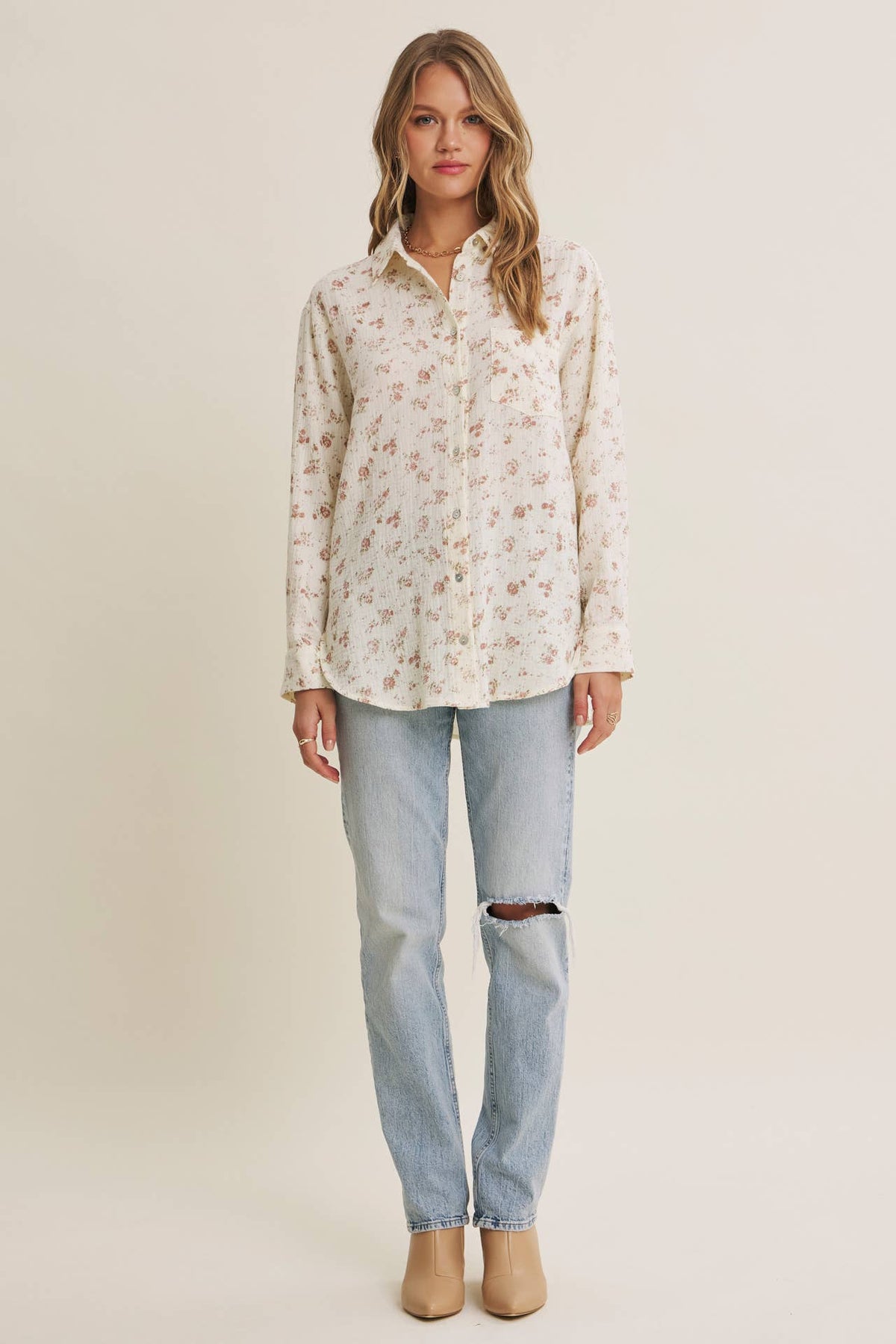 SOFT BREEZE FLORAL COTTON GAUZE RELAXED FIT SHIRT