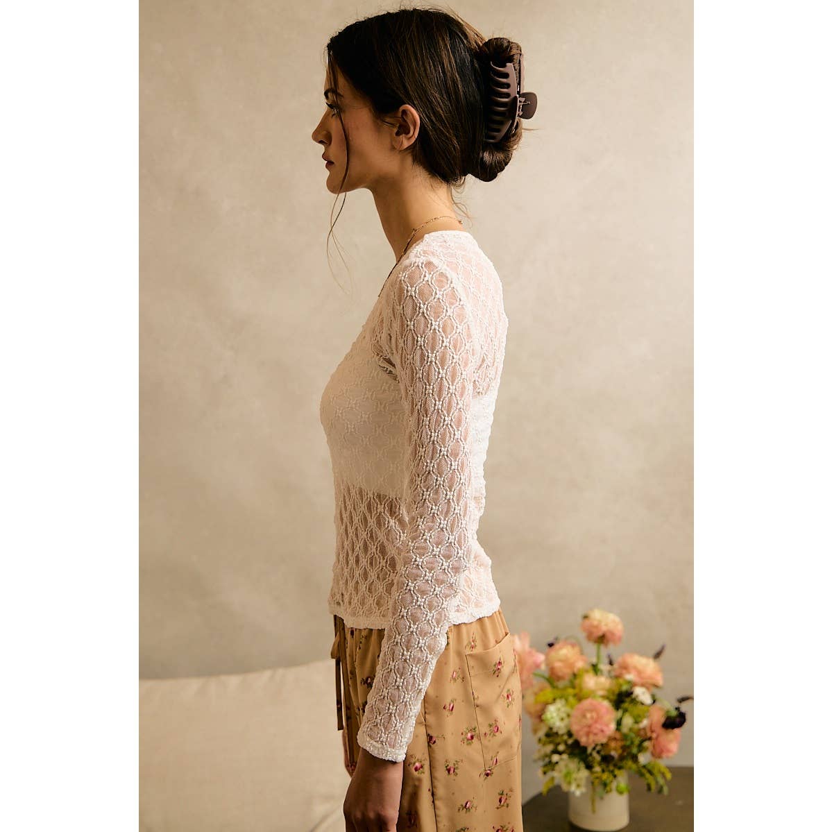ROMANTIC FLORAL STRETCH LACE LONG SLEEVE TOP