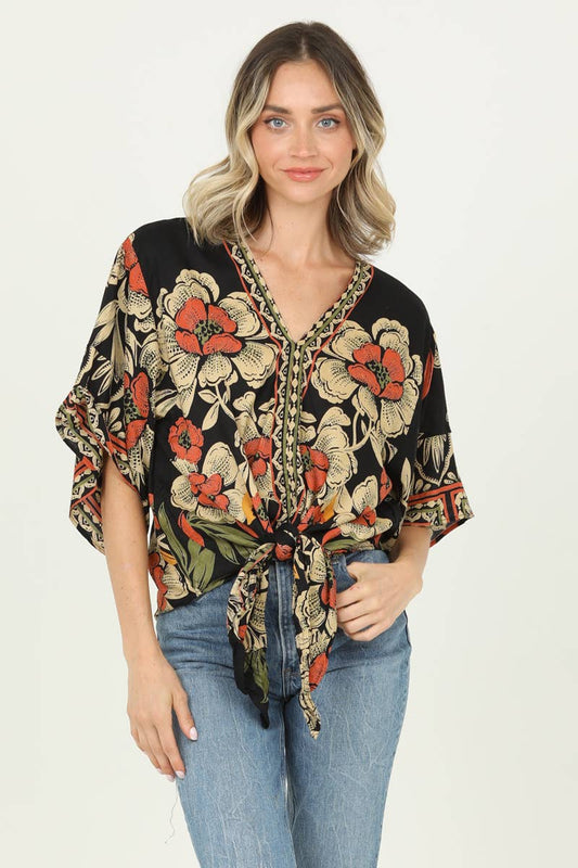 Tie Waist Kimono Sleeve Top-Black and Rust