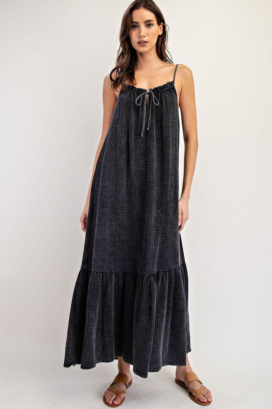 Black Cotton Gauze Maxi Sun Dress with Adjustable Tie