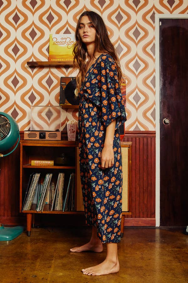 Navy & Rust Floral Printed V-neck Kimono Style Midi Dress