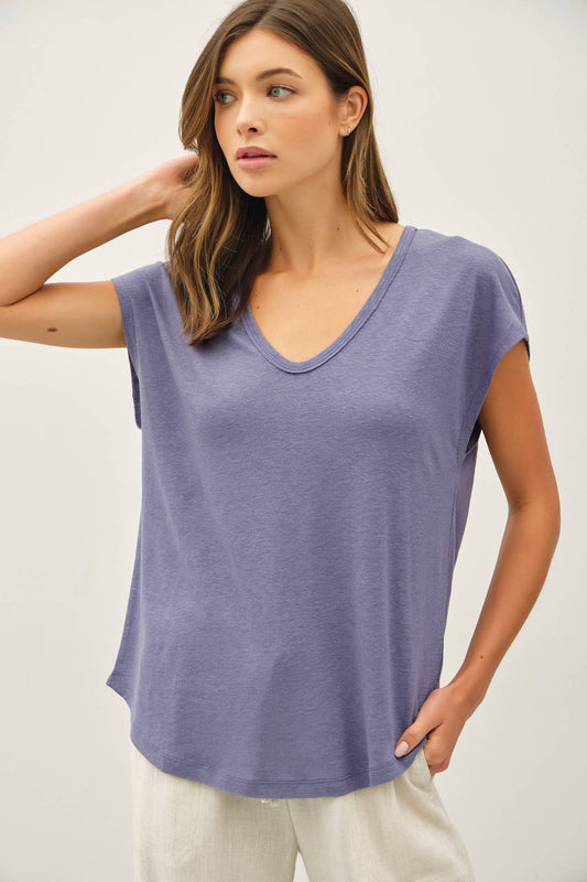 Raw Edge Detail Linen Blend T-Shirt; Ivory, Dusty Blue, Charcoal or Clay