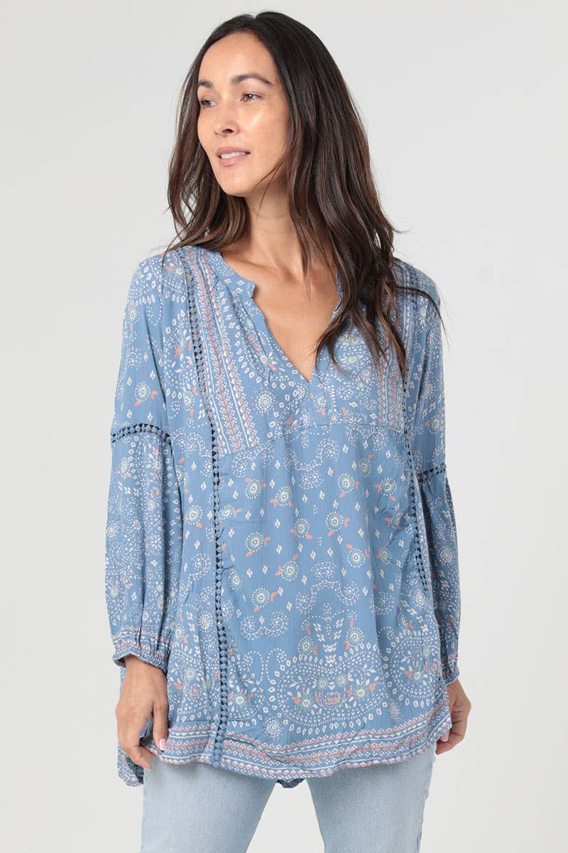 Blue Paisley Ladder Lace Detail Tunic Top