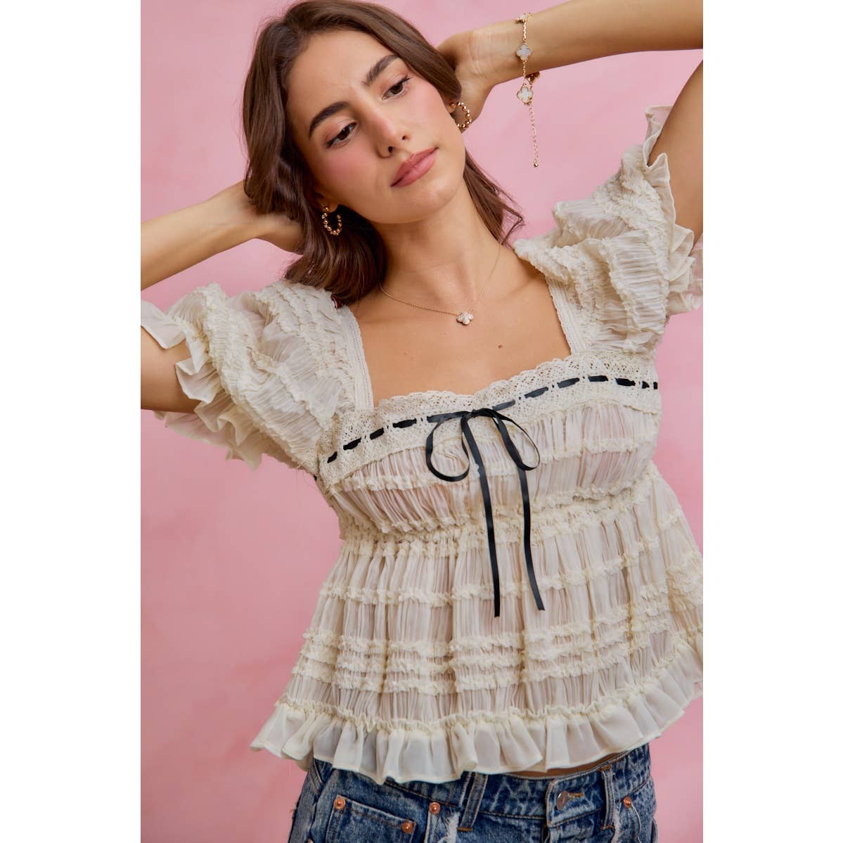 SHIRRED LACE RUFFLE PUFF SLEEVE BLOUSE TOP