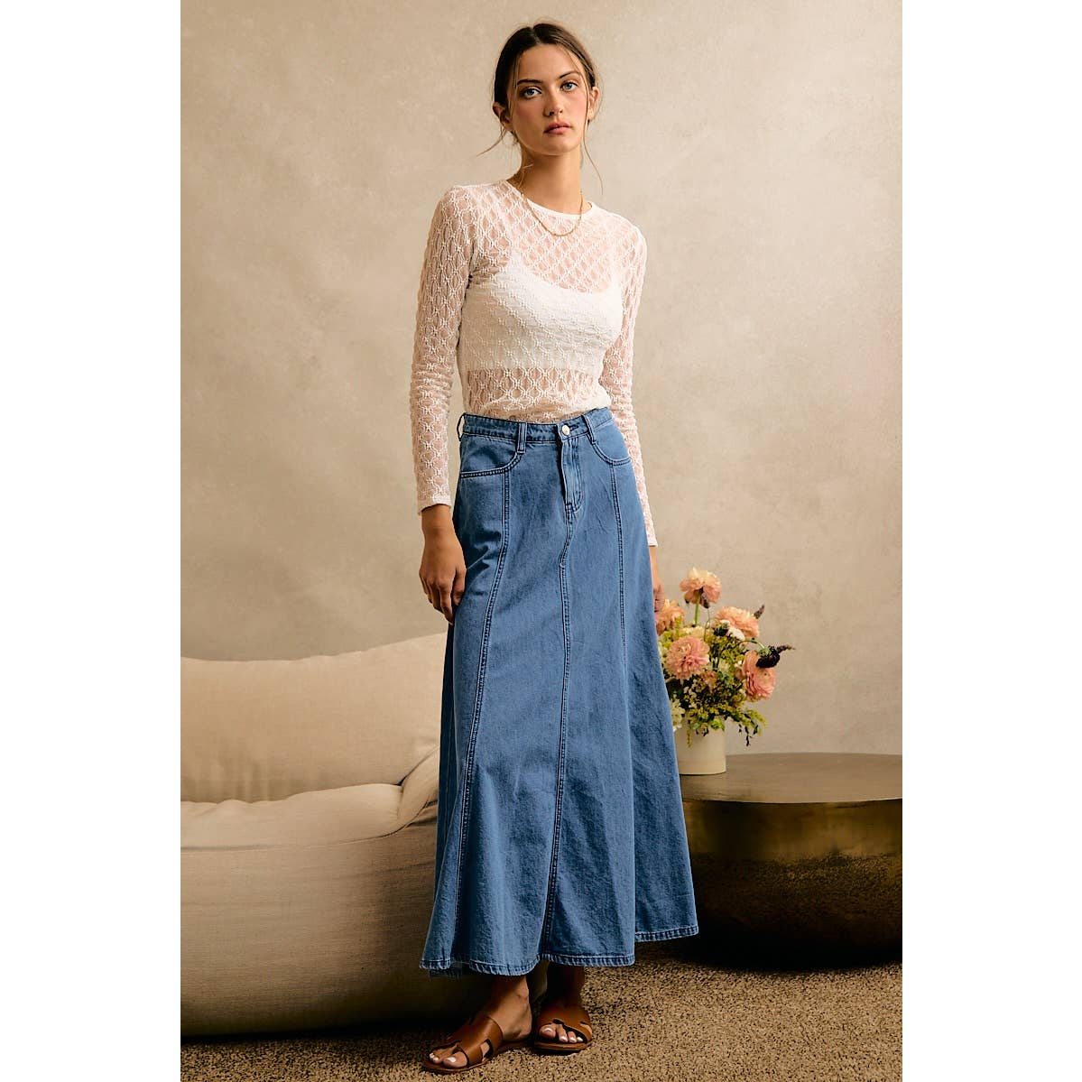 PLEATED DENIM WASHED WIDE FLOWY FIT MAXI SKIRT
